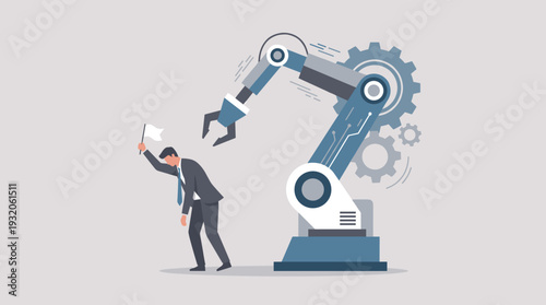 Businessman Holding White Flag Surrendering to Giant Robotic Arm, Concept of Artificial Intelligence and Automation Replacing Human Labor in the Workplace, Job Loss and Future of Work Vector