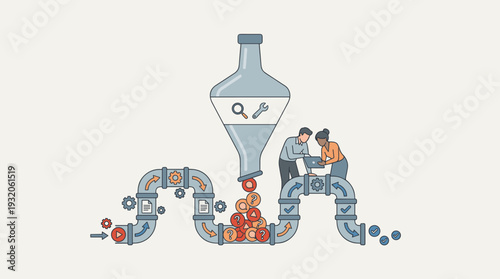 Business Process Optimization and Bottleneck Management Concept Illustration Showing a Team Troubleshooting a Workflow Pipeline to Improve Efficiency and Solve Project Delay Problems in Office.