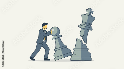 Businessman in a suit pushing a large chess pawn to break down a giant king piece, symbolizing business strategy, market disruption, competition, and the underdog winning in a corporate world.