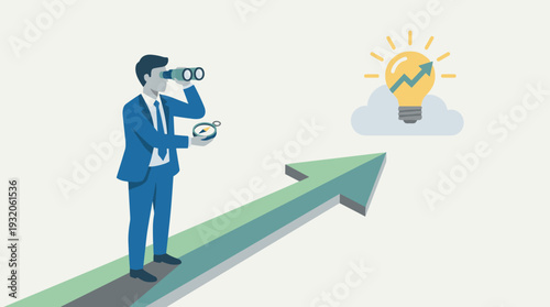Businessman with Binoculars and Compass Standing on Large Growth Arrow Looking Towards Innovation Lightbulb for Strategic Vision, Future Planning, Investment Opportunity, and Success Direction