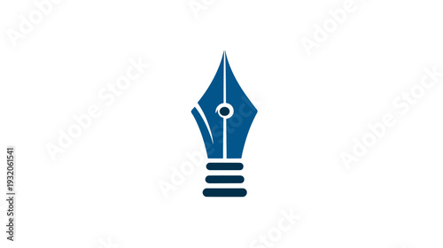 A stylized blue fountain pen nib, centered on a white background, representing writing