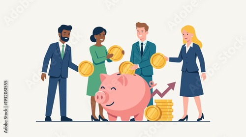 Diverse business team of professionals putting gold coins into a large pink piggy bank for financial growth, investment, and savings concept. Flat vector illustration of corporate teamwork.