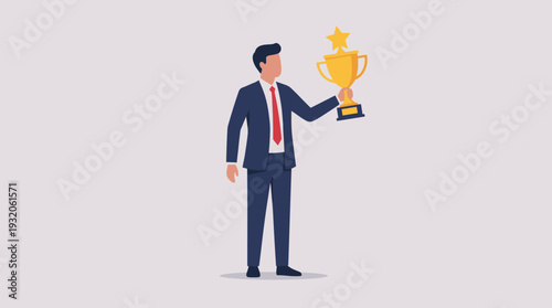 Successful Businessman in Professional Suit Holding Golden Trophy with Star Award, Flat Vector Illustration of Corporate Achievement, Leadership, Career Goal, and Winning Business Recognition