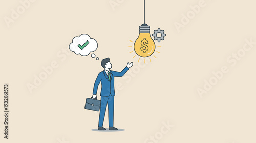 Businessman Finding a Profitable Idea with a Hanging Light Bulb and Dollar Sign. Concept of Financial Innovation, Creative Business Strategy, Successful Solution, and Money Making Opportunities.
