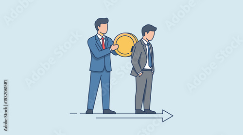 Illustration of a businessman putting a gold coin into the back of an employee like a wind-up toy, symbolizing salary payment, financial incentive, corporate motivation, and human resources.