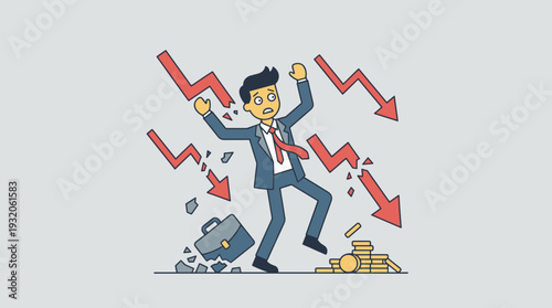 Businessman in Panic with Falling Red Trading Charts and Broken Briefcase Representing Financial Crisis, Economic Failure, Bankruptcy Risk, and Stock Market Crash in a Simple Flat Vector Style