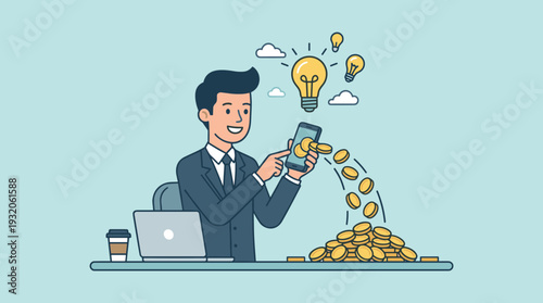 Successful Businessman in Suit Making Money and Passive Income from Smartphone with Gold Coins Flowing Out of Screen, Creative Business Idea Concept with Lightbulbs, Laptop, and Coffee on Desk.
