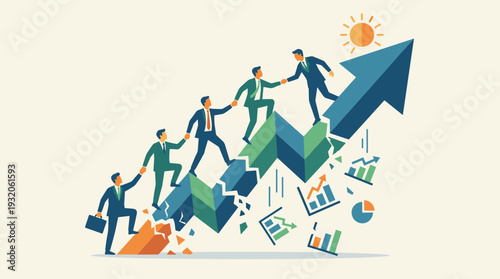 Business Team Supporting Each Other to Climb a Rising Growth Arrow Overcoming Financial Challenges and Market Volatility, Concept of Teamwork, Leadership, Resilience, and Collective Success