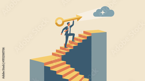 Businessman walking up a staircase holding a golden key pointing to a cloud, symbolizing career success, achievement of goals, finding the secret to progress, and reaching professional targets.