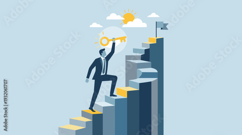 Businessman Climbing Staircase Holding a Golden Key to Success Illustration. Concept of Career Growth, Achievement, Ambition, and Finding the Secret Solution to Reach Business Goals and Targets.