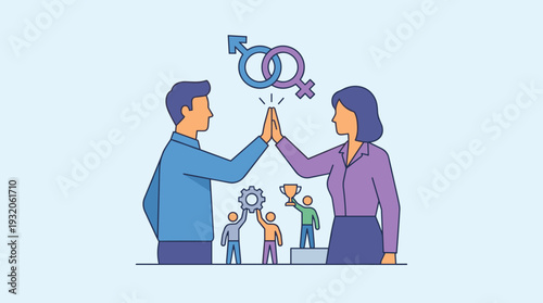 Gender Equality and Partnership Concept with Man and Woman Giving High Five, Interlocked Male and Female Symbols, and Small Figures Representing Teamwork, Success, and Professional Collaboration