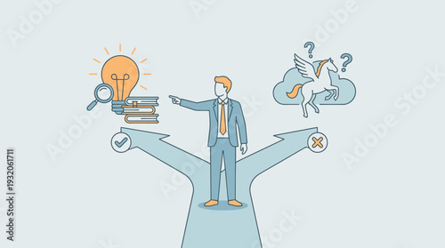 Businessman at a fork in the road choosing between facts and myths. Path to truth with lightbulb and books vs path to fiction with pegasus. Concept of critical thinking and fake news.