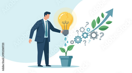 Businessman watering a plant with a broken lightbulb, symbolizing learning from mistakes, innovation from failure, business growth, success, and creative problem solving in a vector concept.