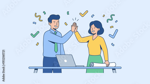 Male and female business partners giving high five to celebrate successful deal, contract signing, or project completion in office with confetti and checkmarks, teamwork and achievement concept.