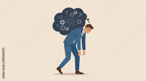 Stressed Businessman Carrying Heavy Cloud of Overthinking and Problems, Concept of Mental Health, Burnout, Anxiety, and Work Pressure, Tired Professional Struggling with Decision Making Fatigue