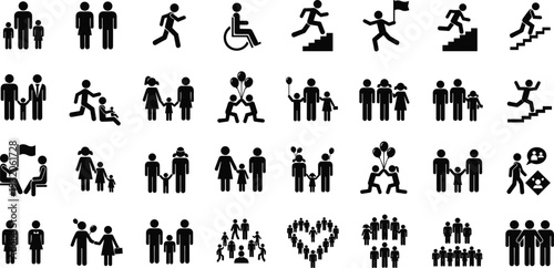Silhouettes of diverse people in family, social, physical activities, walking, running, wheelchair, balloons, unity, teamwork, vector illustration, inclusive design