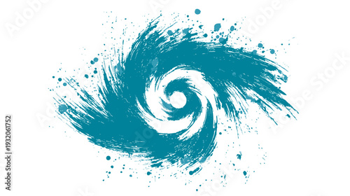 A teal swirl of brushstrokes radiates from a central white circle, accented by scattered paint splatters