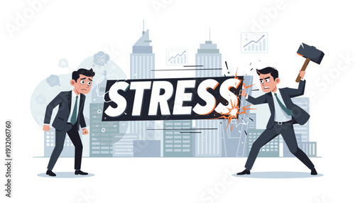 Stress and Depression Concept in Business Life with Businessman Using a Hammer to Break a Large Stress Sign in a Competitive Corporate Environment with City Skyline and Financial Charts.