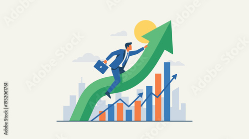 Businessman riding a large green rising arrow representing stock market growth and financial success. Concept of career advancement, economic recovery, and profitable investment with bar charts.