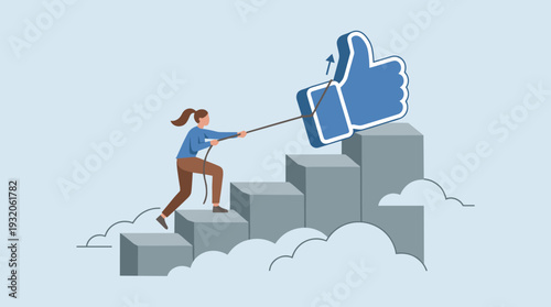 Woman Pulling Heavy Blue Thumbs Up Like Icon Up a Staircase of Blocks Towards Success; Concept of Social Media Marketing, Digital Engagement, Hard Work for Online Popularity and Brand Reputation