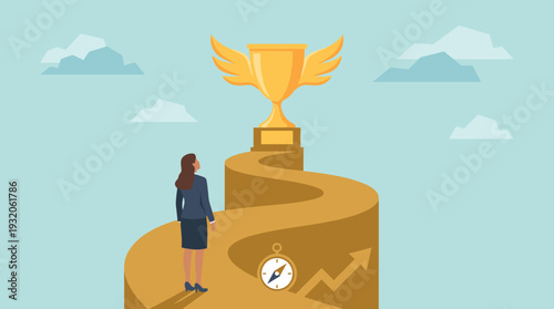 Business woman standing on a winding path looking at a large golden trophy cup with wings, representing the journey to success, career goals, achievement, ambition, and professional growth.