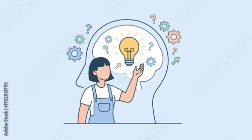 Woman Standing in Front of a Large Human Head Profile with a Glowing Light Bulb, Gears, and Question Marks Symbolizing Innovation, Creative Thinking, Problem Solving, and Mental Insight Concept