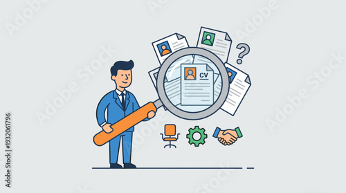 Businessman in a blue suit holding a large magnifying glass to examine multiple CV resumes, human resources recruitment concept, job search, hiring process, and talent acquisition vector illustration.
