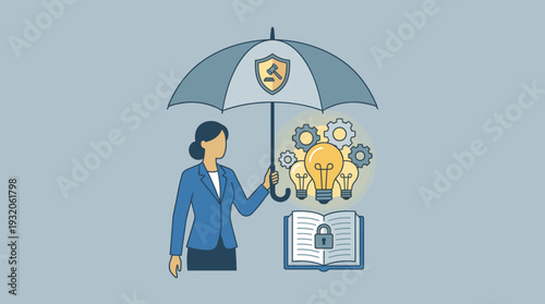 Professional woman protecting creative ideas and innovation with a legal umbrella, featuring a gavel shield over lightbulbs and gears, symbolizing copyright law and intellectual property rights.