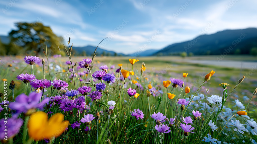 Obraz premium Flowers bloom in a blue valley. Bright flowers of different colors grow in a valley with mountains in the background on a sunny day.