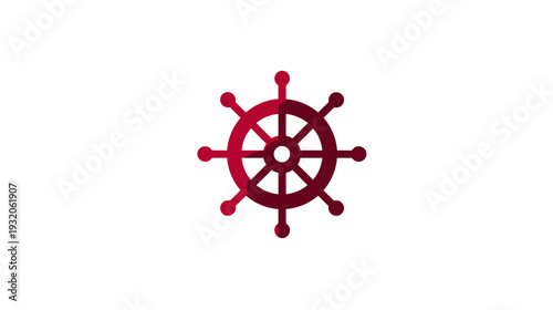 A red stylized ship's wheel graphic on a white background, suggesting navigation