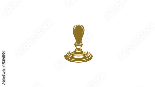 A golden, antique desk stamp is centrally positioned against a white background