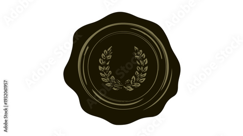 A dark brown, irregularly shaped seal with a stylized olive wreath