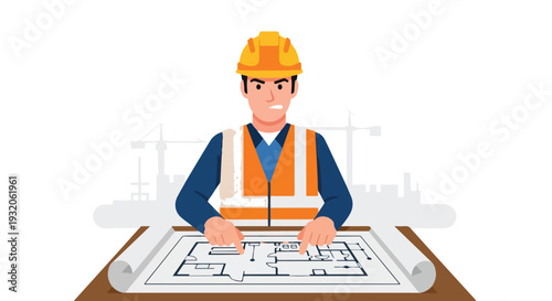 A male construction worker or architect in a hard hat and safety vest appears frustrated while examining blueprints on a desk.
