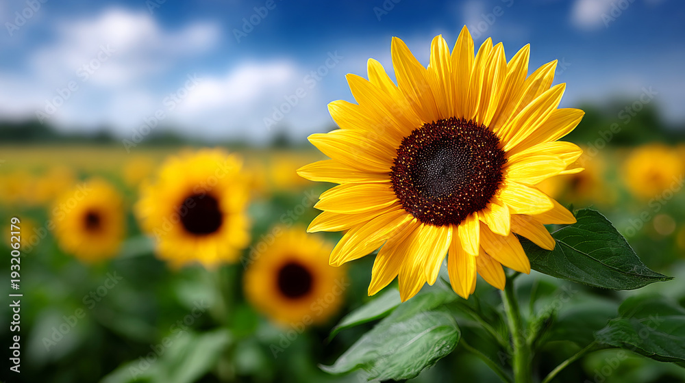 Obraz premium Sunflowers in a sunny field. A field of sunflowers stretches across the land under a clear blue sky.