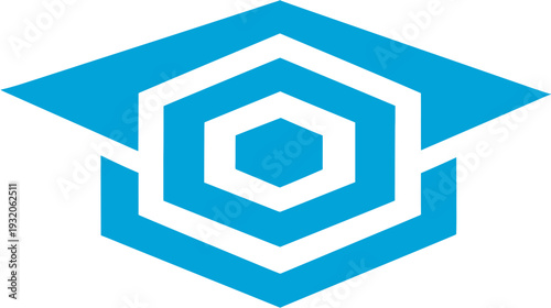 A geometric illustration featuring a stylized mortarboard-like design in a bright blue color