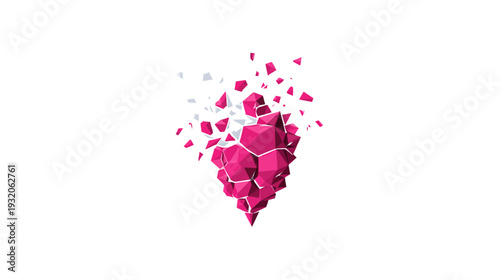 A geometric illustration of a pink and white polygonal structure fragmenting on a white backdrop