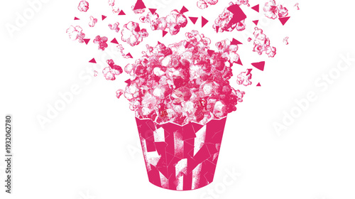 A vibrant, whimsical illustration of a popcorn container bursting with popcorn and scattered triangles