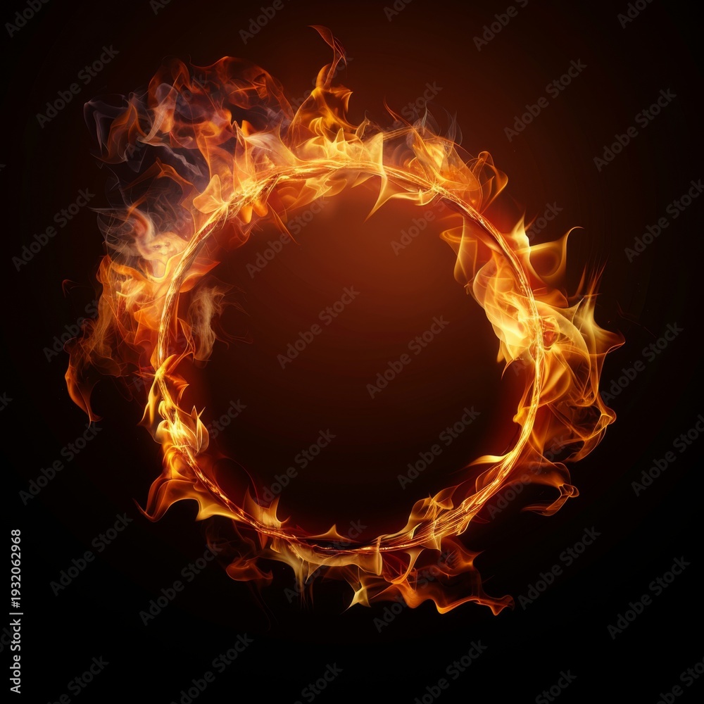 Fototapeta premium Glowing fire ring creating a mystical atmosphere with vibrant flames and dynamic energy for creative backgrounds and designs