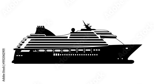 A black and white silhouette of a large cruise ship sailing on calm waters