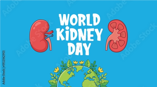 A colorful illustration promoting World Kidney Day with cartoon kidneys and leaves on a blue background