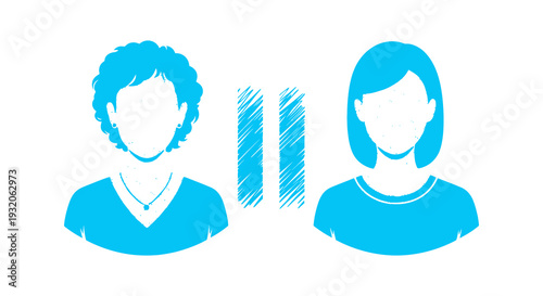 Two blue silhouettes of women with dotted textures and vertical lines between them