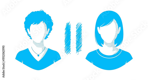 Two blue silhouette figures of a woman and a man separated by lines