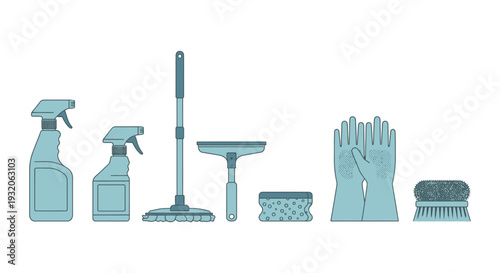 Cleaning supplies arranged in a row spray bottles mop gloves and brushes
