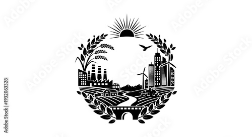 Black and white emblem depicting a city agriculture and rising sun