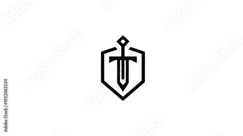 A geometric black sword within a shield outline, centered against a white background