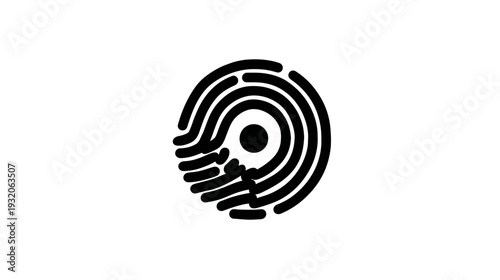 Black graphic of a fingerprint pattern with concentric, curved lines and a central dot on white background