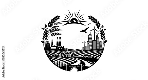 Black and white emblem featuring a cityscape wheat mountains and industrial elements