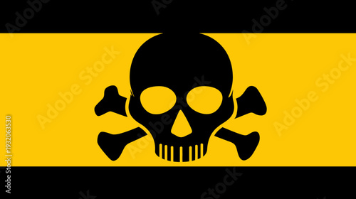 A stark warning symbol featuring a skull with crossed bones against a yellow background, simple design
