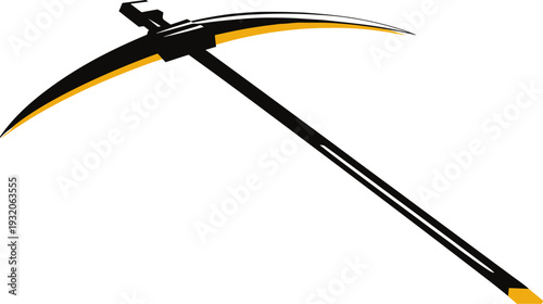 A black and gold pickaxe with a long handle on a white background, angled right