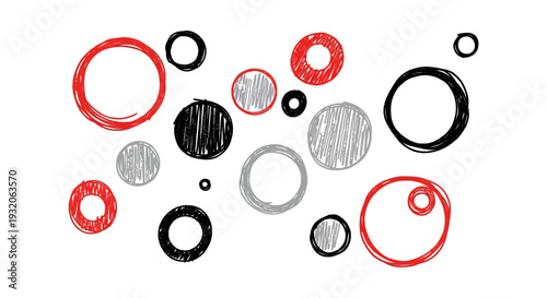 Abstract composition of overlapping circles in red black and gray tones